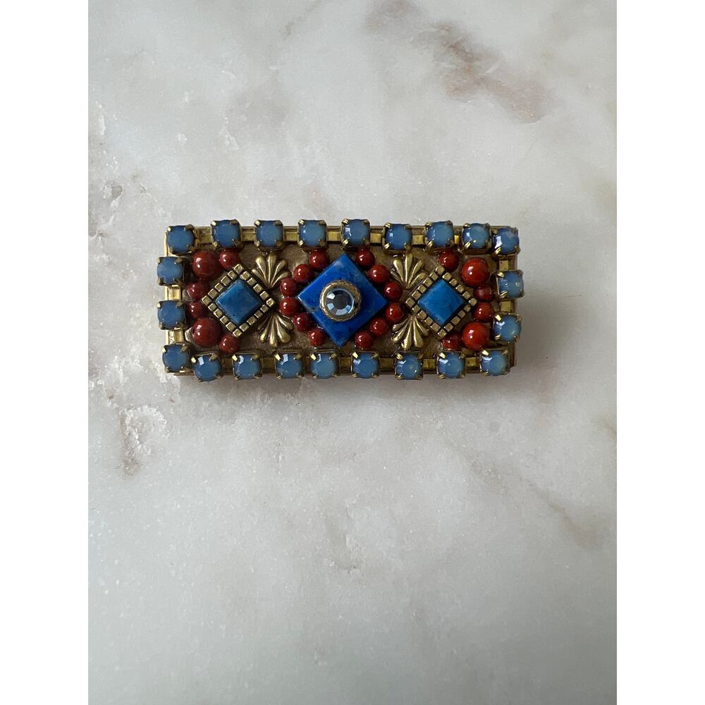 Vintage Michal Golan Blue Sodalite and Red Jasper Brooch Lapel Hat Accessory